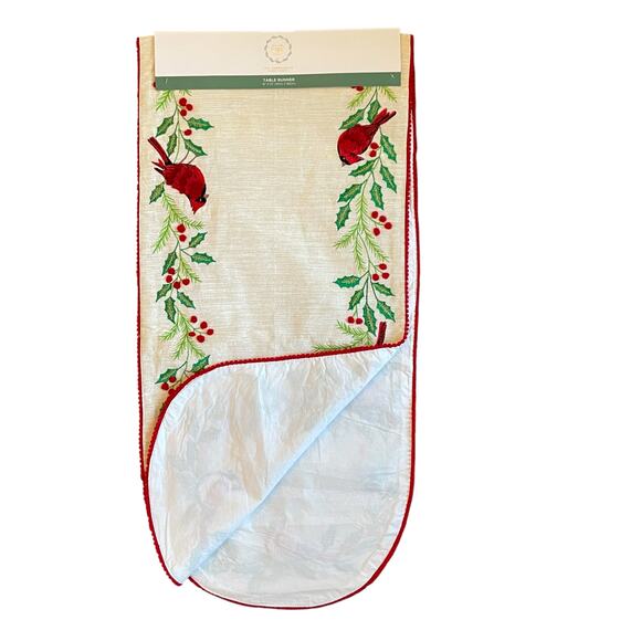 The Farmhouse Embroidered Red Cardinals Christmas Table Runner 16x72 Holiday New - Picture 6 of 16